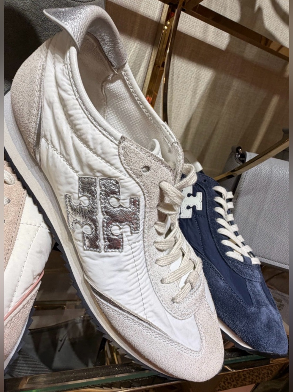 Tory Burch white silver Suede Runner Sneaker logo new with tag